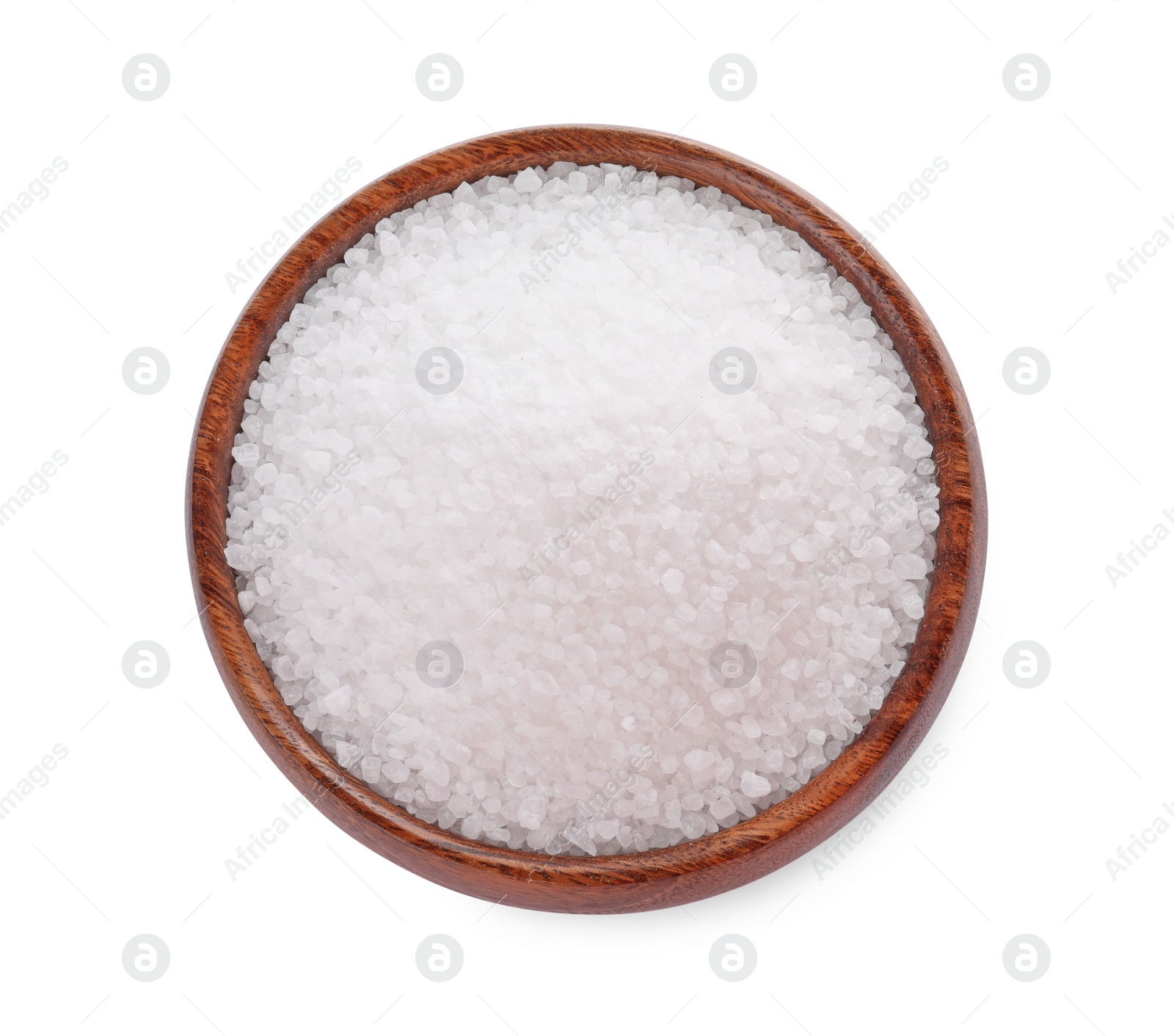 Photo of Wooden bowl with natural sea salt isolated on white, top view