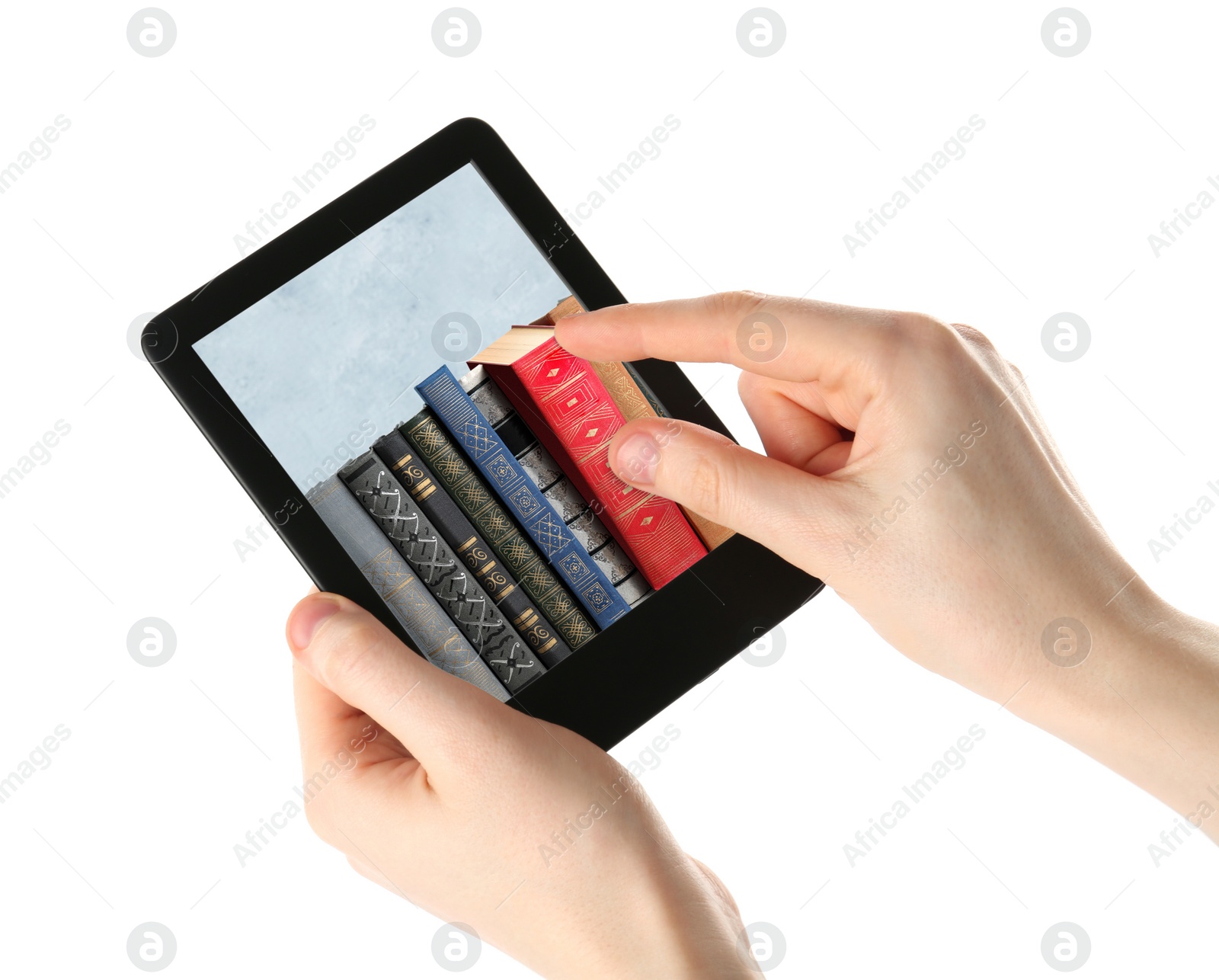 Image of Woman using e-book reader on white background, closeup