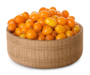 Photo of Fresh ripe sea buckthorn berries in wooden bowl isolated on white