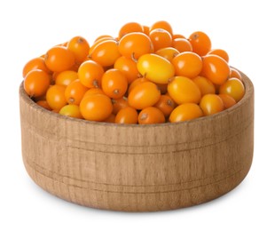 Fresh ripe sea buckthorn berries in wooden bowl isolated on white