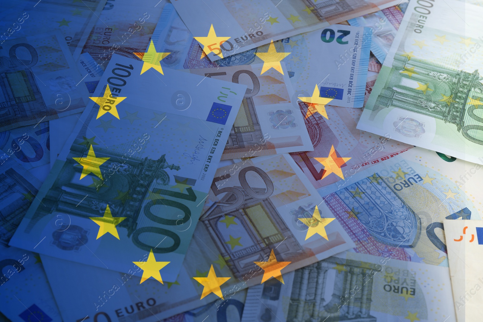 Image of Double exposure of European Union flag and money