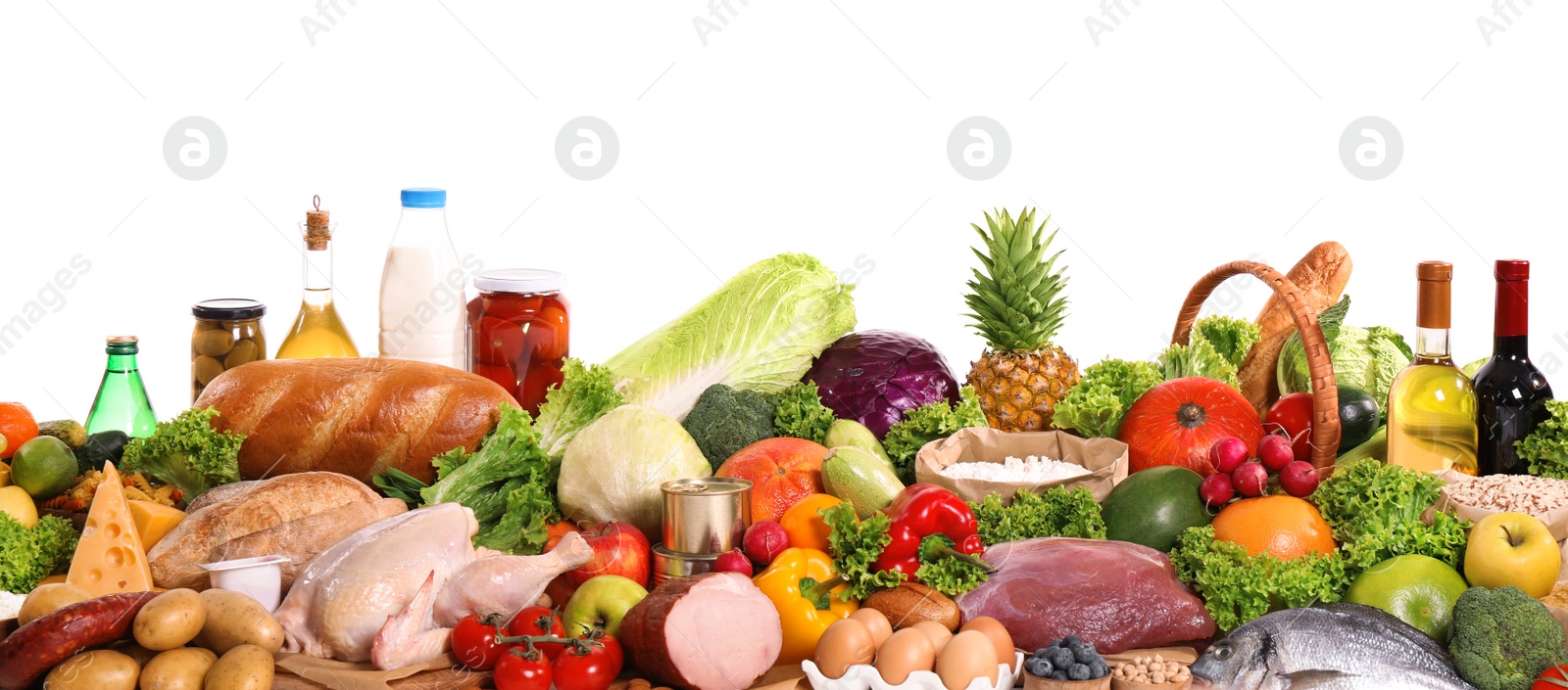 Photo of Different products on white background. Healthy food and balanced diet