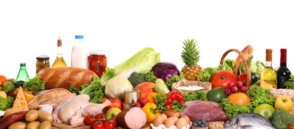 Photo of Different products on white background. Healthy food and balanced diet