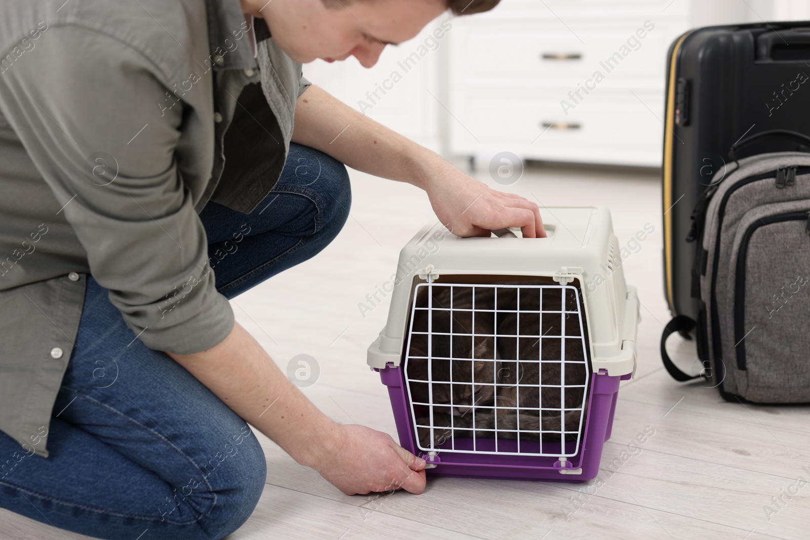 Photo of Travel with pet. Man closing carrier with cat indoors, closeup