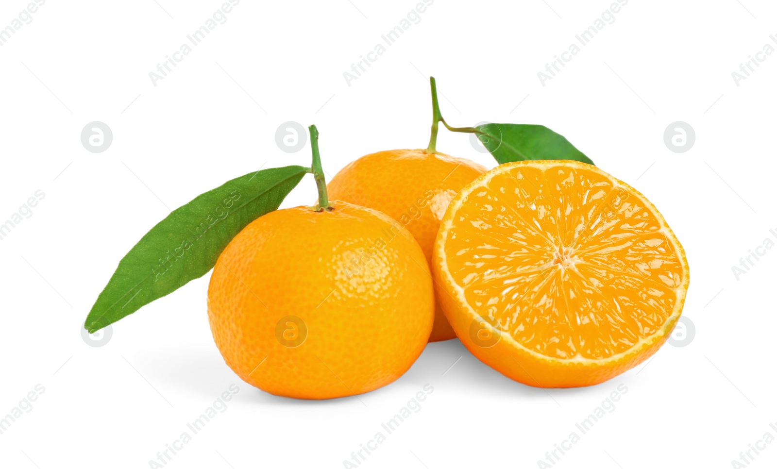 Photo of Fresh ripe tangerines with leaves isolated on white. Citrus fruit