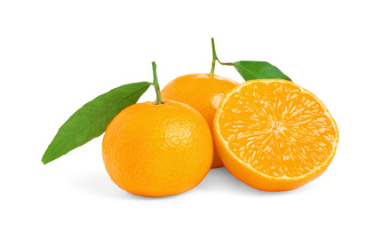 Photo of Fresh ripe tangerines with leaves isolated on white. Citrus fruit