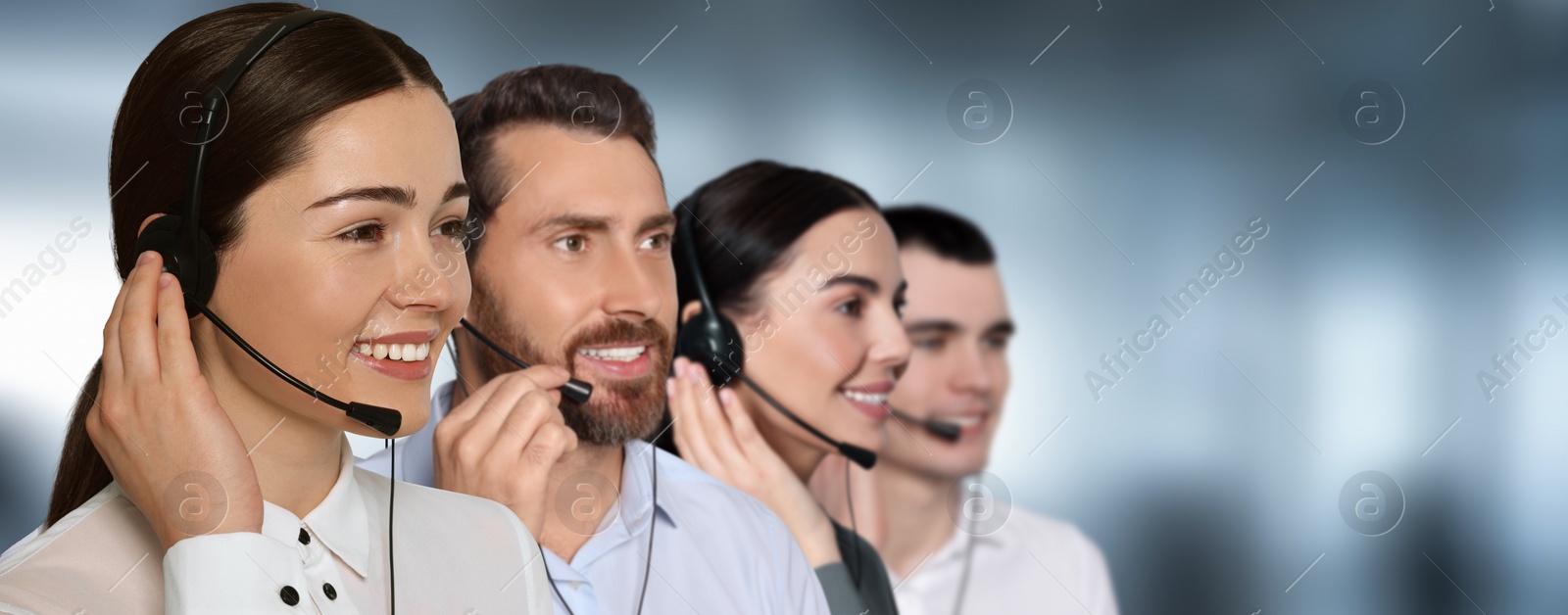 Image of Hotline operators with headsets in office, space for text. Banner design