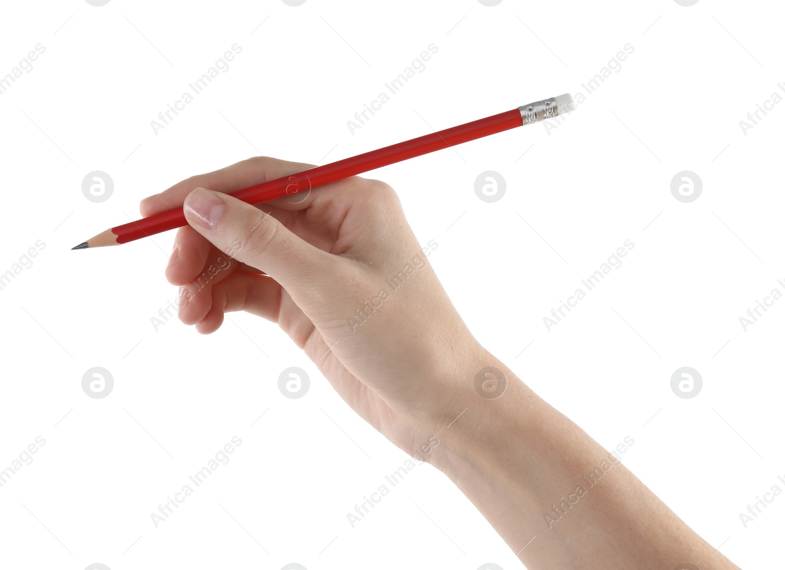 Photo of Woman with graphite pencil on white background, closeup