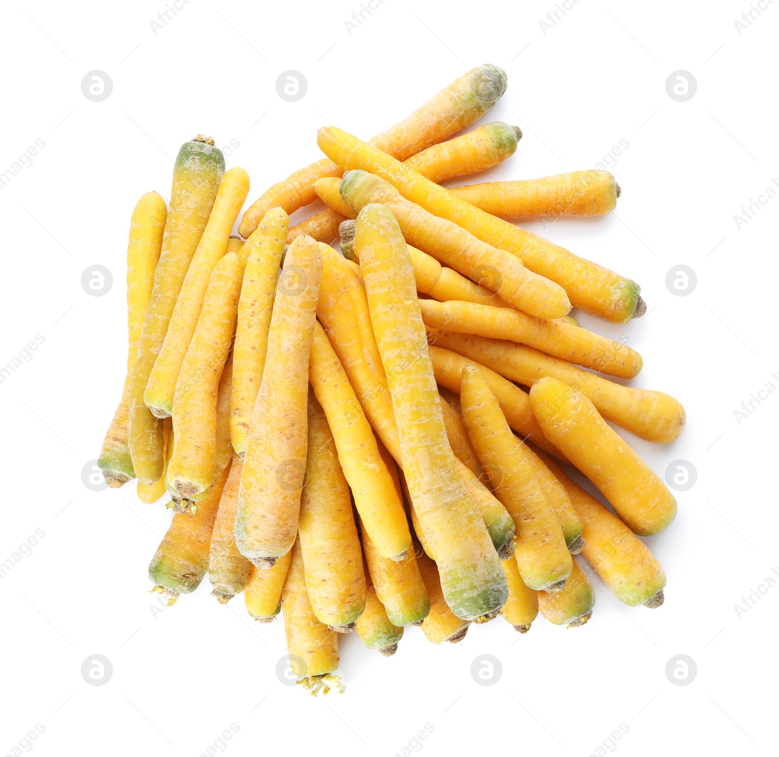 Photo of Raw yellow carrots isolated on white, top view