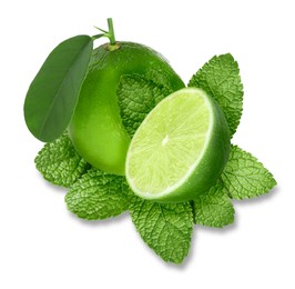 Image of Fresh ripe limes and green mint leaves isolated on white