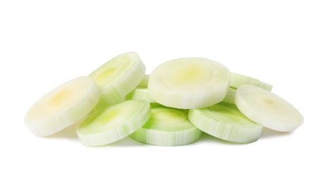 Fresh raw leek slices on white background. Ripe onion