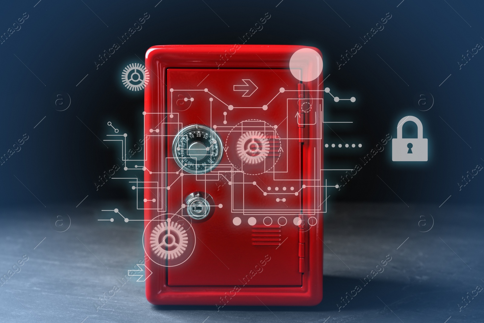 Image of Red steel safe with mechanical combination lock against black background