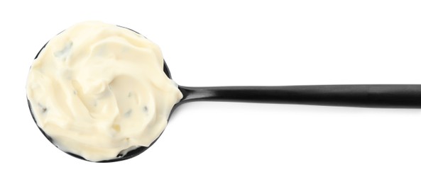 Tartar sauce in spoon isolated on white, top view