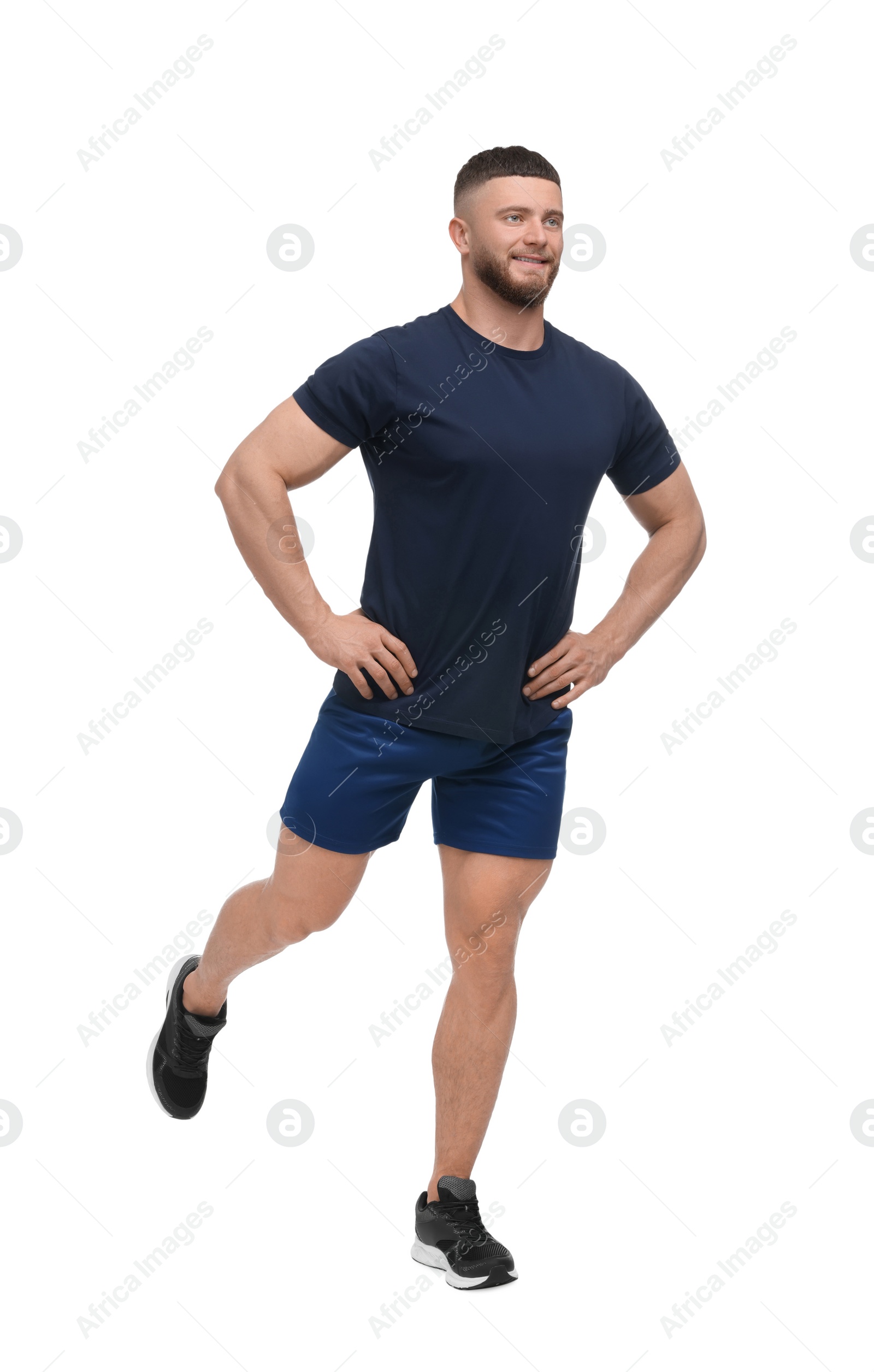 Photo of Man doing morning exercise on white background
