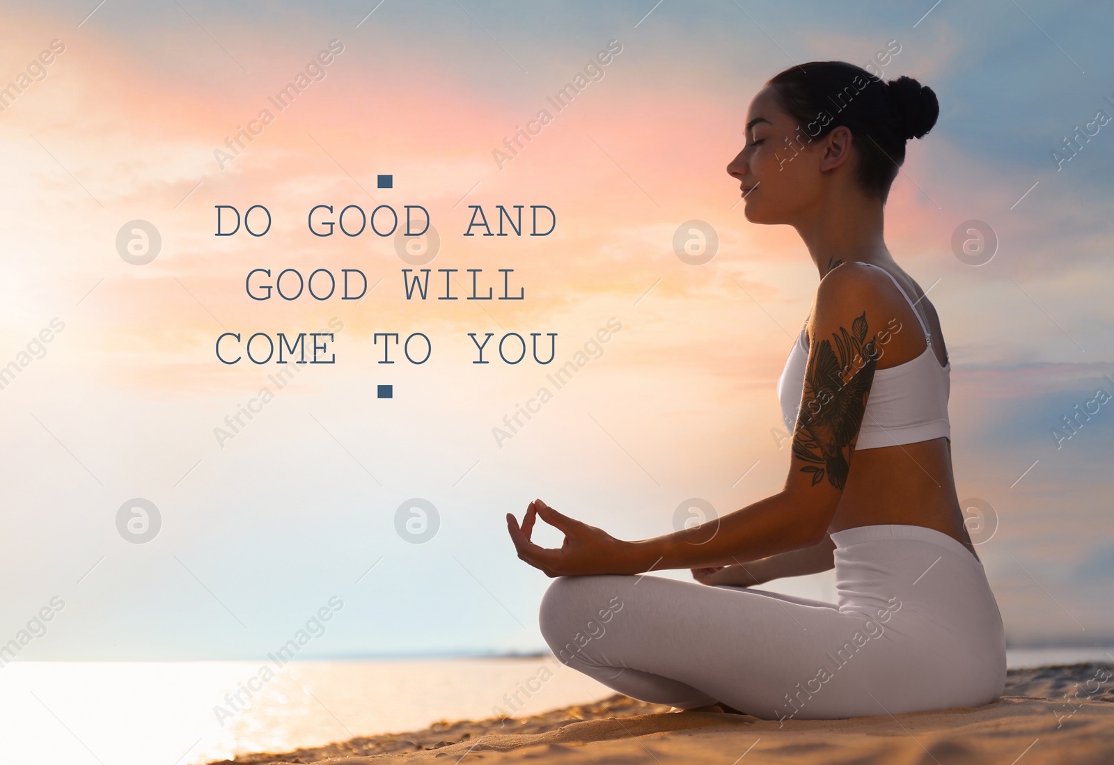 Image of Do Good And Good Will Come To You. Inspirational quote reminding about great balance in universe. Text against view of woman meditating near river in morning