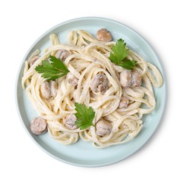 Delicious pasta with mushrooms on white background, top view