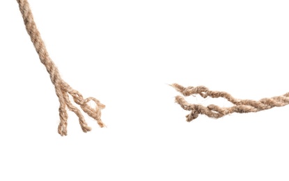 Photo of Rupture of cotton rope on white background