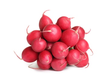 Photo of Bunch of fresh ripe radish on white background