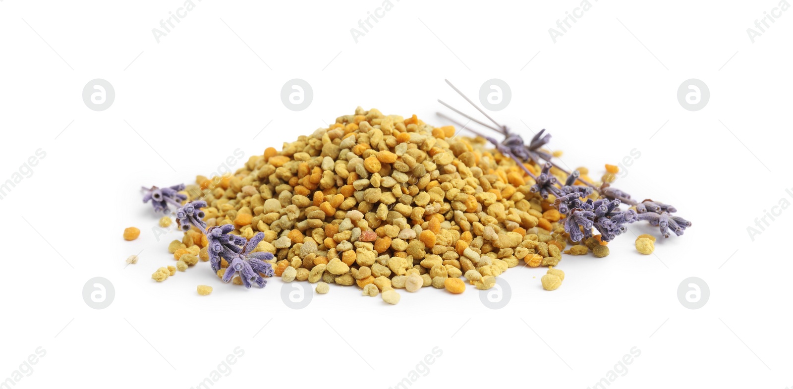 Photo of Pile of fresh bee pollen granules and lavender isolated on white