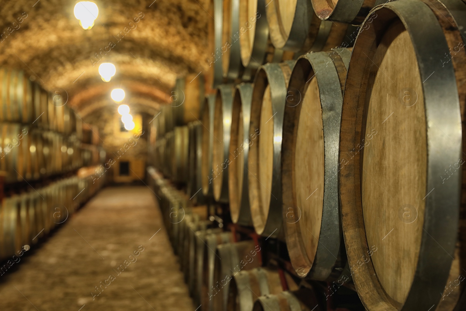 Photo of Large wooden barrels in wine cellar, closeup