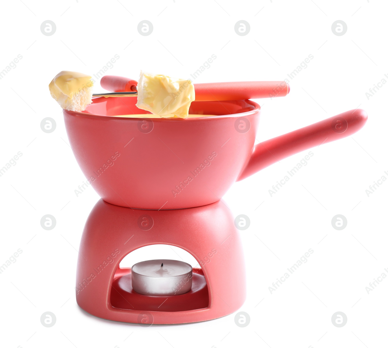 Photo of Pot of delicious cheese fondue and forks with bread on white background