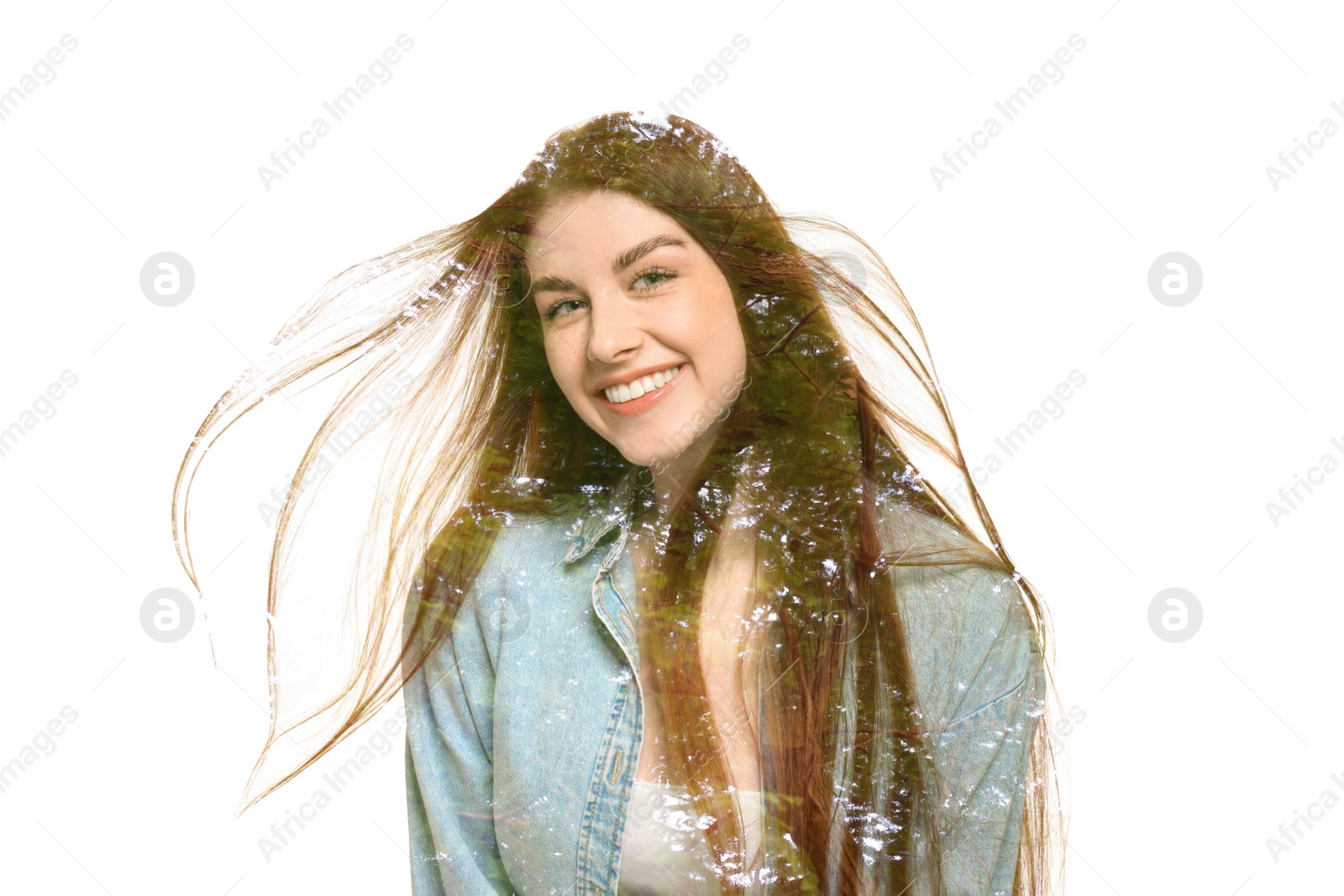 Image of Double exposure of beautiful woman and trees on white background