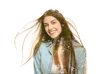 Image of Double exposure of beautiful woman and trees on white background