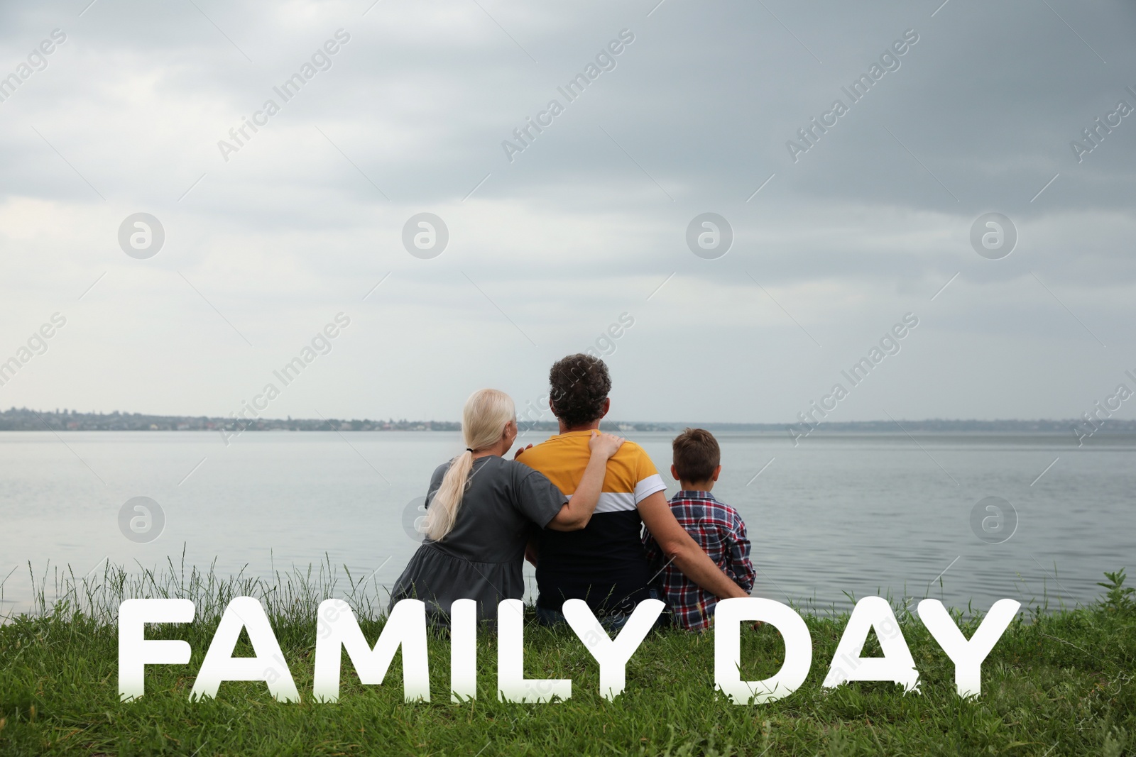 Image of Little boy and grandparents spending time together near river, back view. Happy Family Day