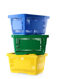 Color plastic shopping baskets isolated on white