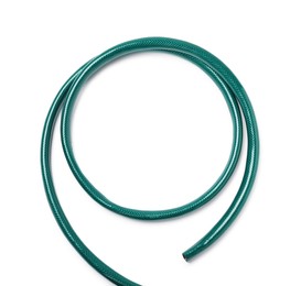 Green rubber watering hose isolated on white, top view