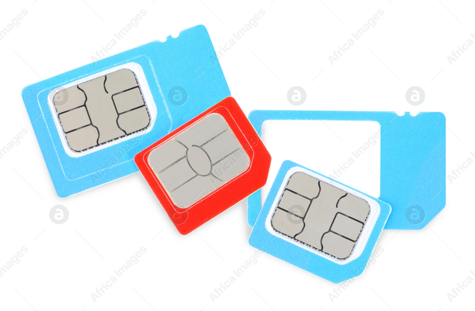 Photo of Different SIM cards on white background, top view