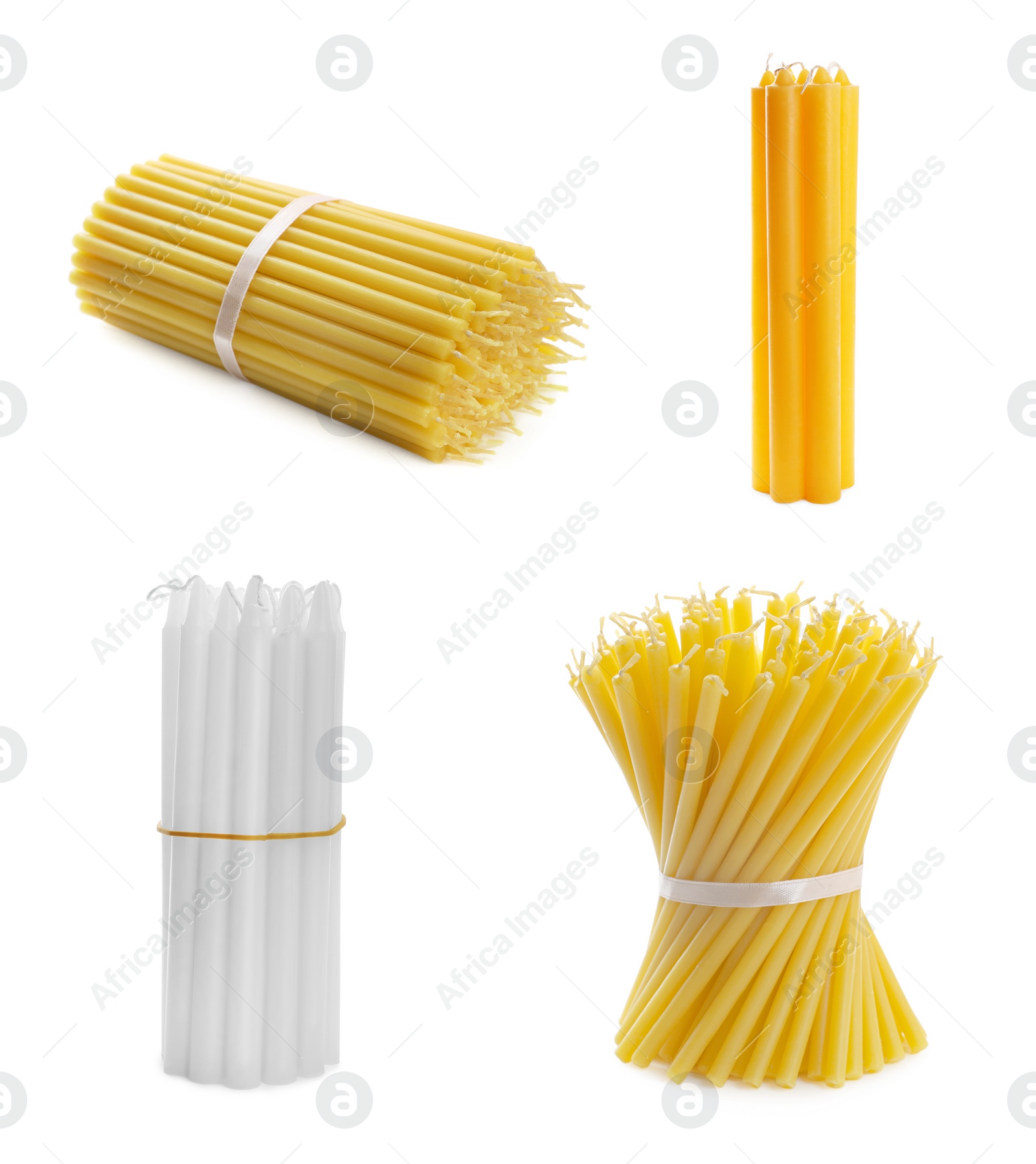 Image of Collage with different church candles on white background