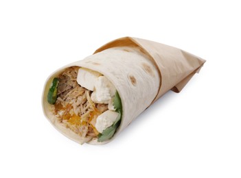 Photo of Delicious tortilla wrap with tuna, cheese and vegetables isolated on white
