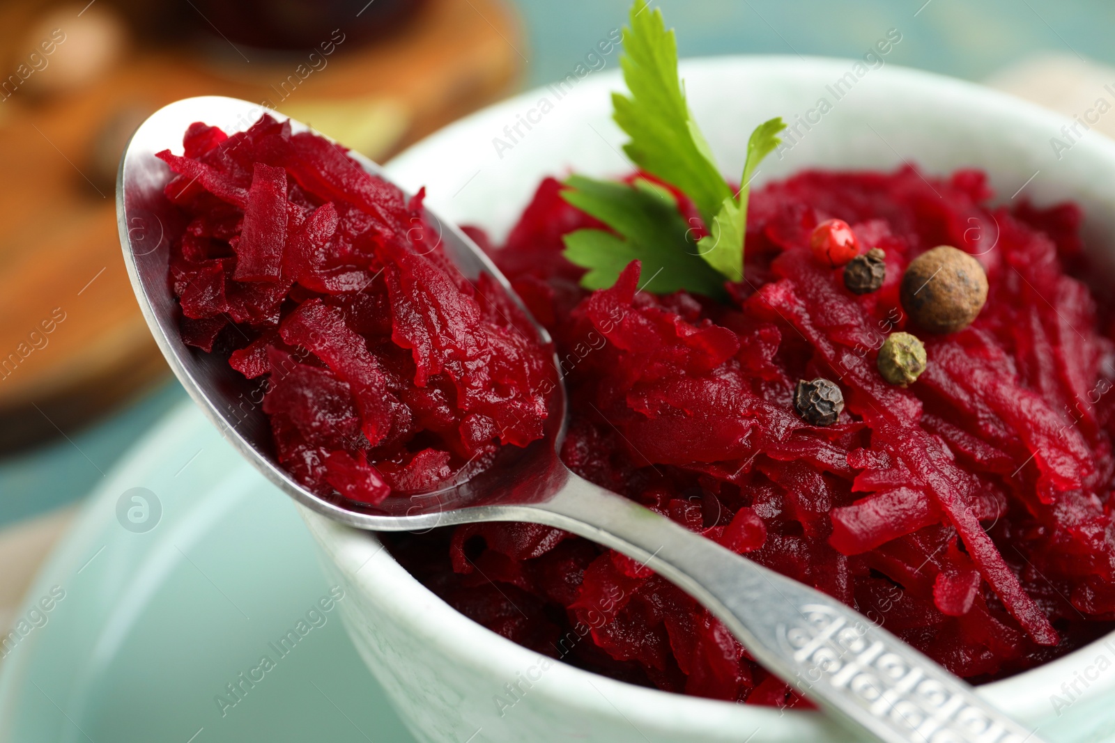 Photo of Delicious pickled beets in bowl, closeup view