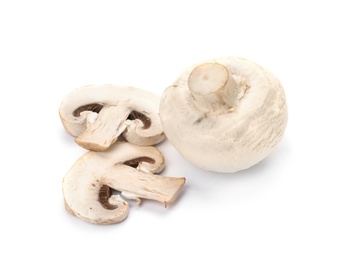 Photo of Fresh champignon mushrooms on white background, closeup