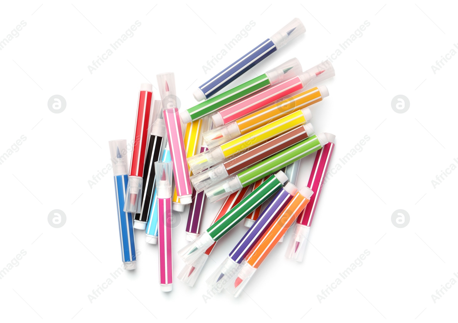 Photo of Many bright markers isolated on white, top view