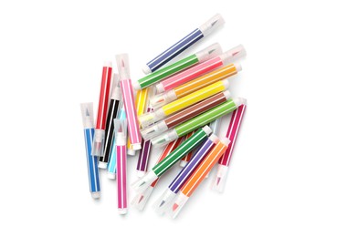 Photo of Many bright markers isolated on white, top view