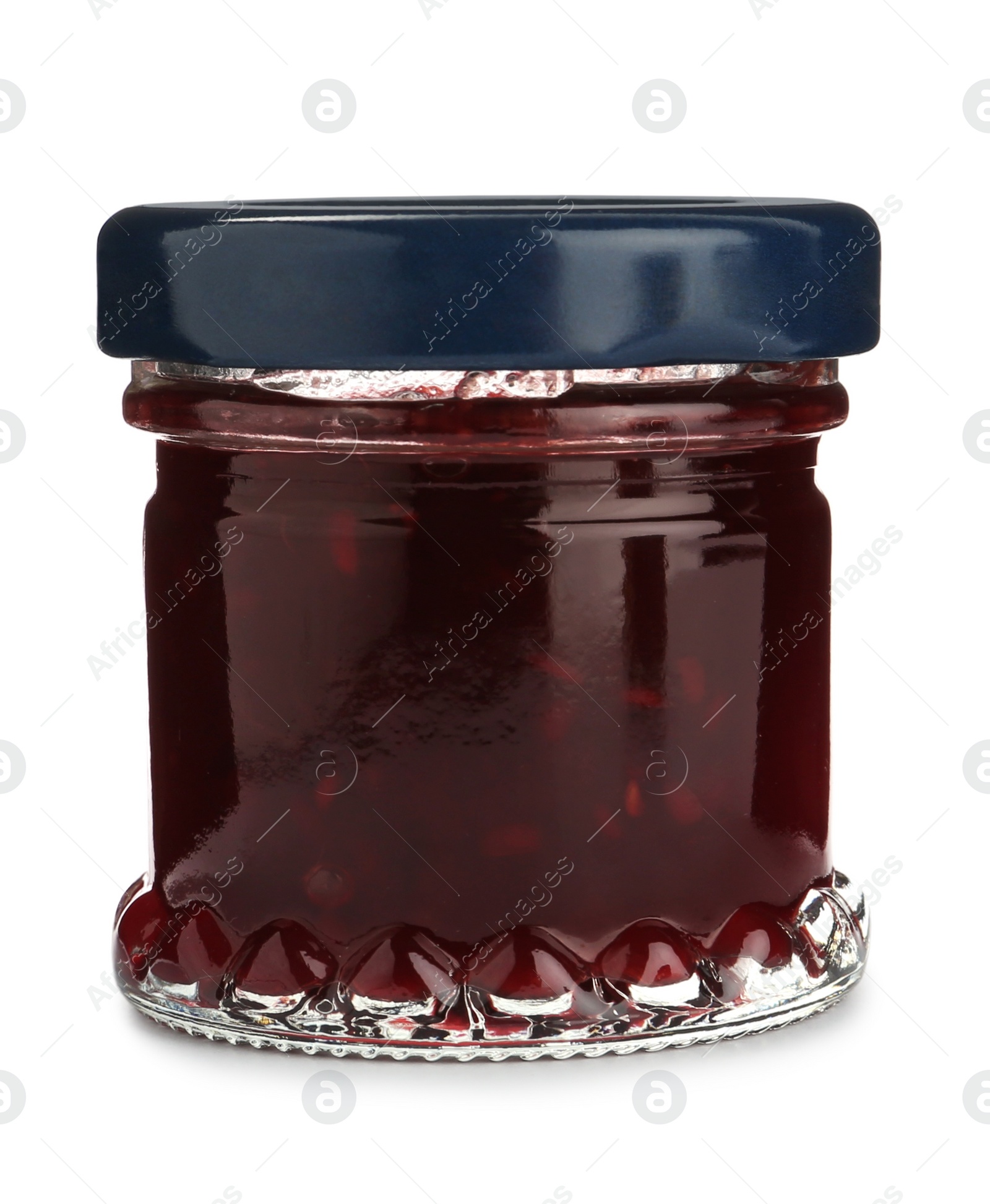 Photo of Glass jar with sweet jam isolated on white