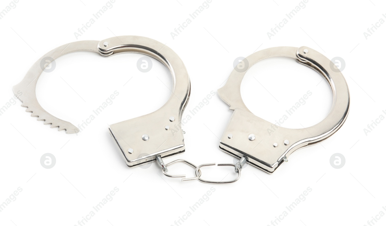 Photo of New classic chain handcuffs isolated on white