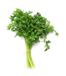 Photo of Bunch of fresh parsley isolated on white, top view