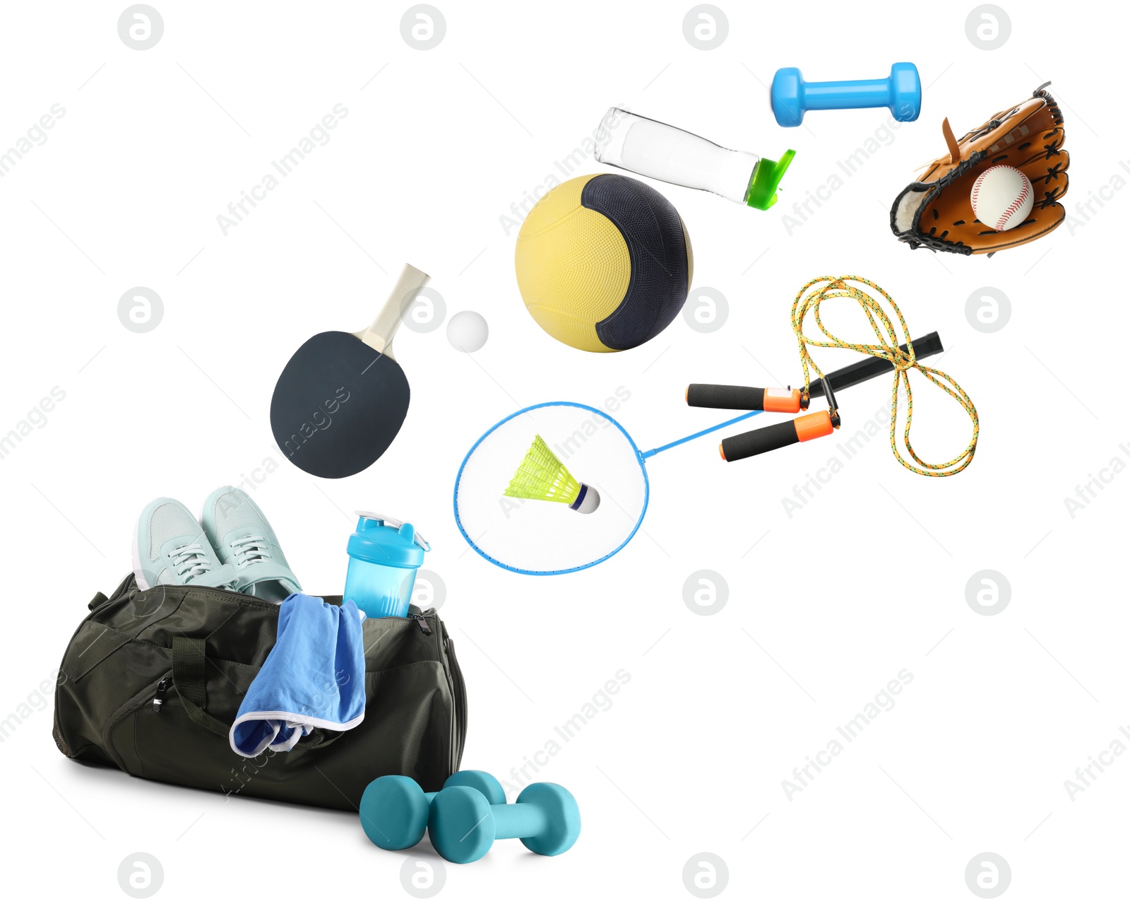 Image of Sports bag and different gym stuff flying on white background