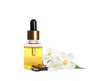 Photo of Jasmine essential oil, fresh flowers and vanilla sticks on white background