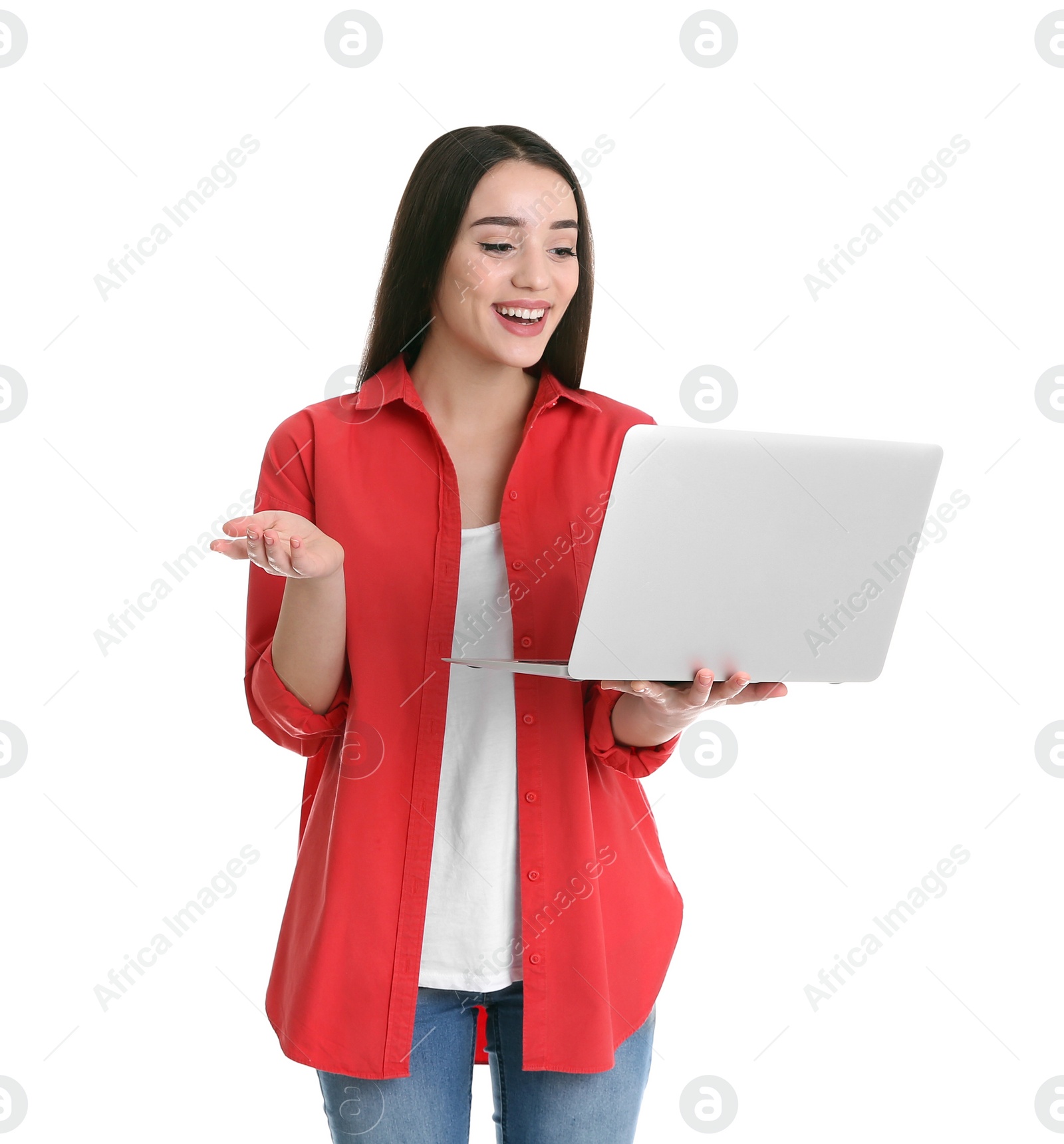 Photo of Woman using laptop for video chat isolated on white