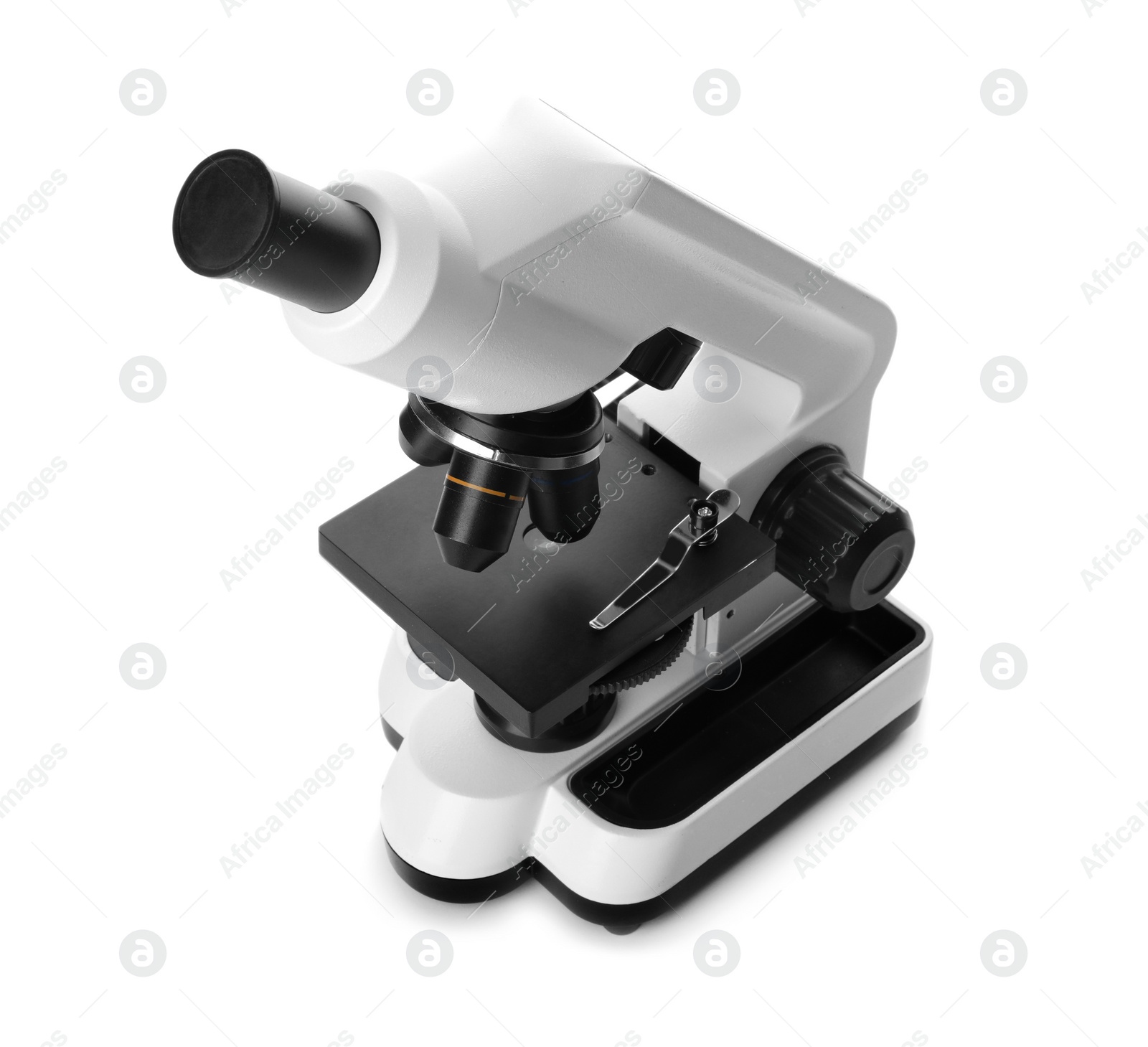 Photo of Microscope on white background. Medical equipment