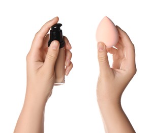 Photo of Woman holding bottle with skin foundation and makeup sponge on white background, closeup