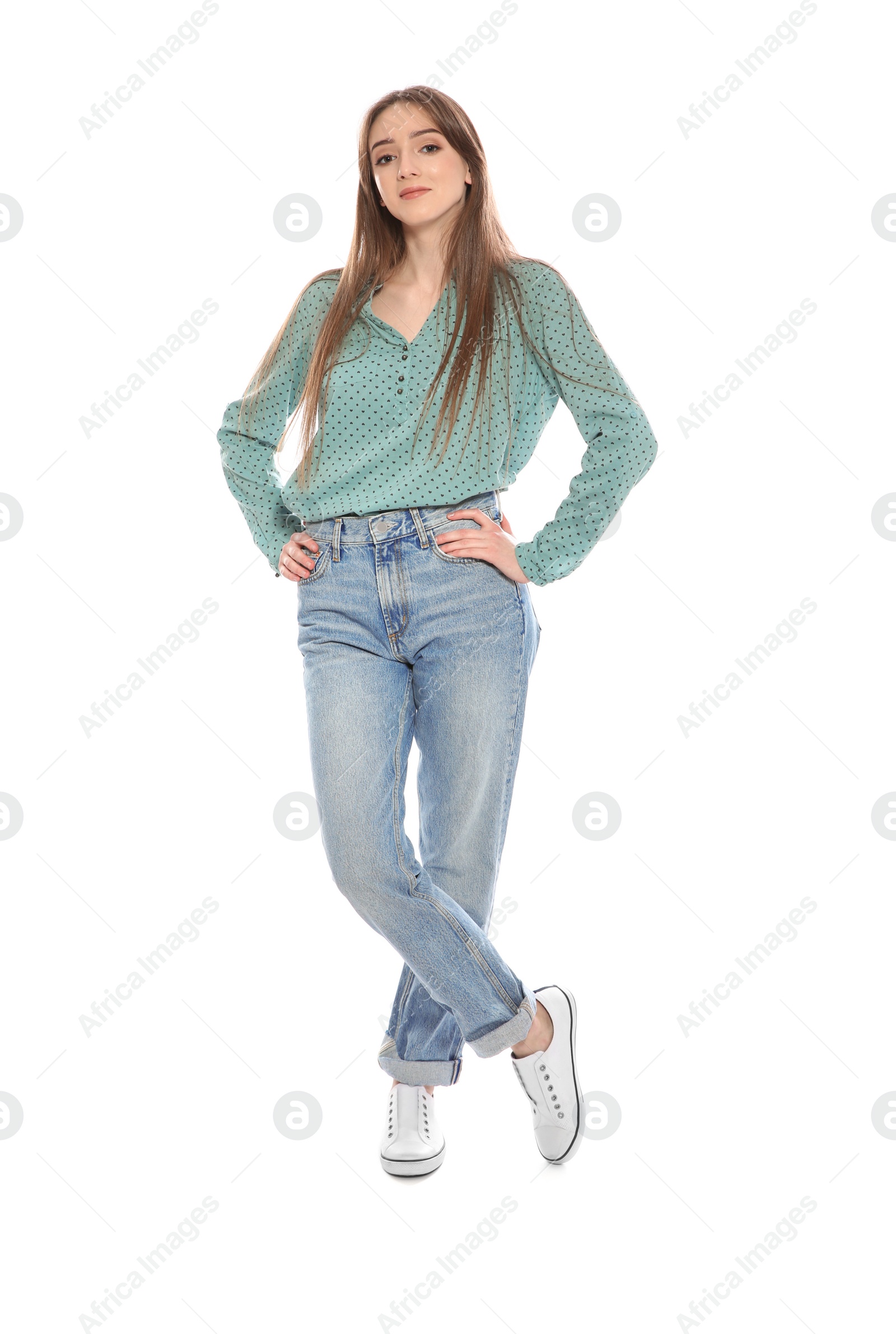 Photo of Portrait of beautiful young woman on white background