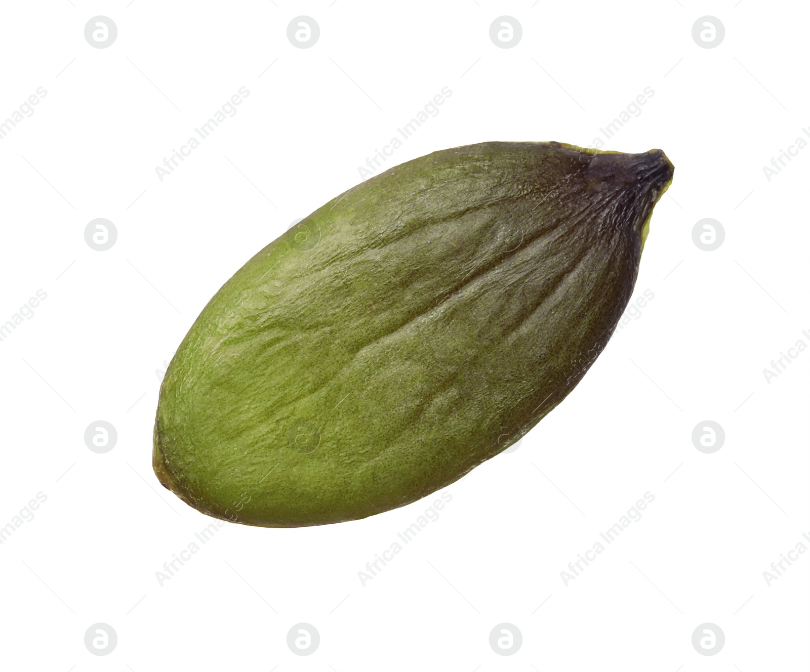 Photo of One peeled pumpkin seed isolated on white, top view