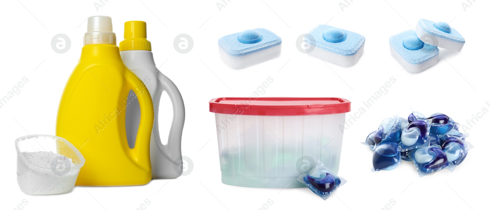 Image of Set with different laundry products on white background. Banner design