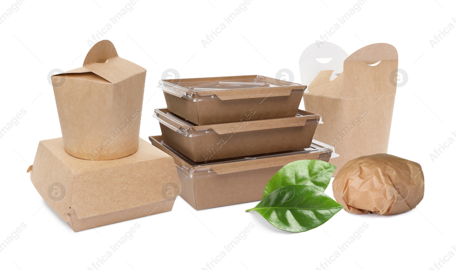 Image of Different containers and green fresh leaves on white background