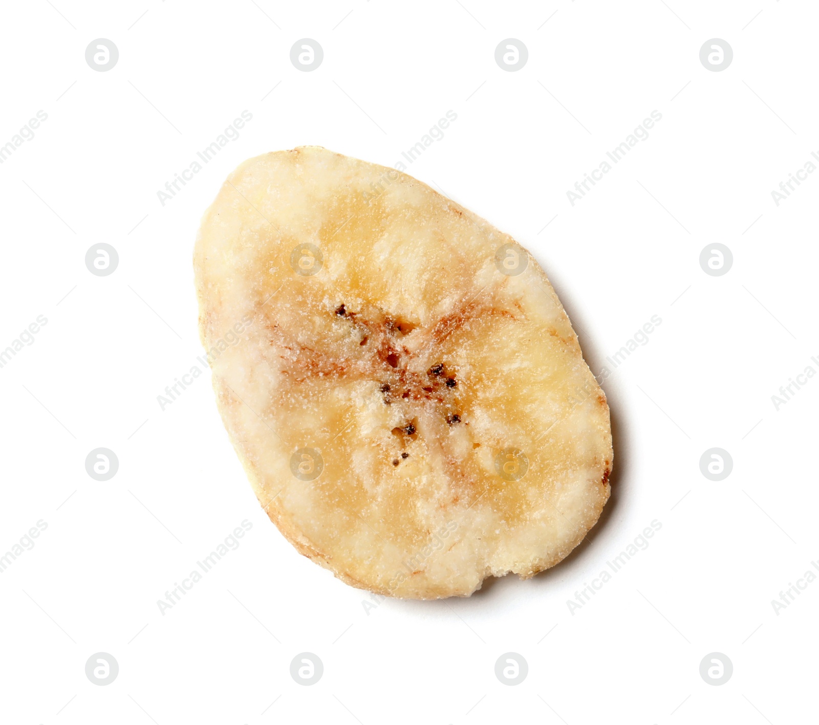 Photo of Sweet banana slice on white background, top view. Dried fruit as healthy snack
